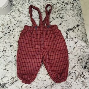 Red Overalls with Elastic Ankle and Plaid Design